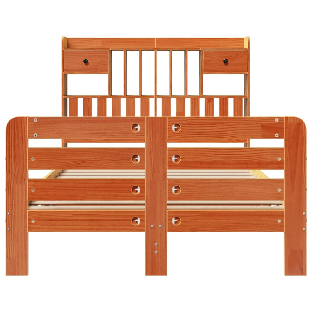 Säng med bokhylla utan madrass vaxbrun 135x190cm massiv furu