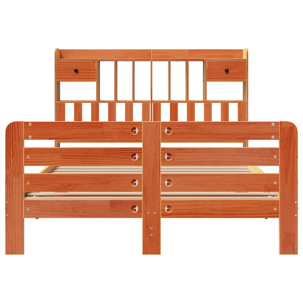 Säng med bokhylla utan madrass vaxbrun 140x190cm massiv furu