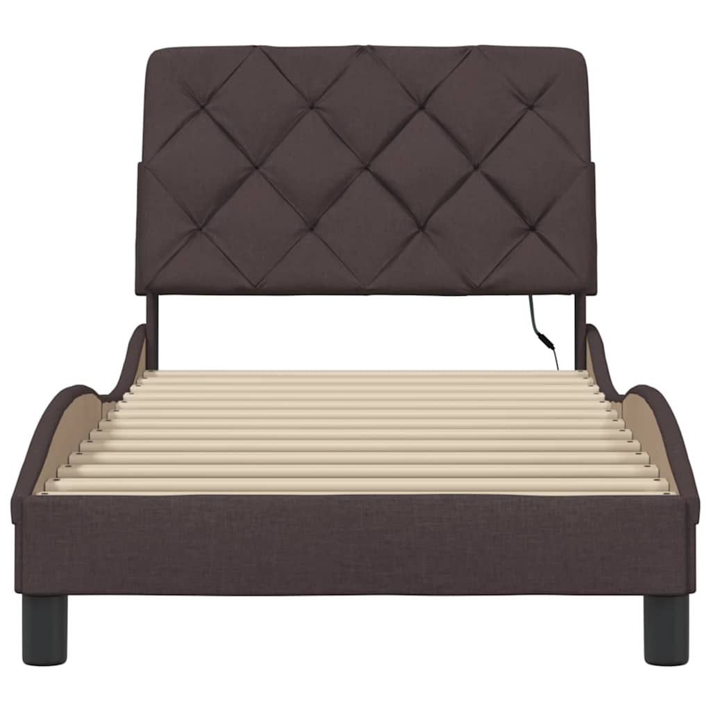 Bed Frame with LED without Mattress Dark Brown 90x190 cm Fabric