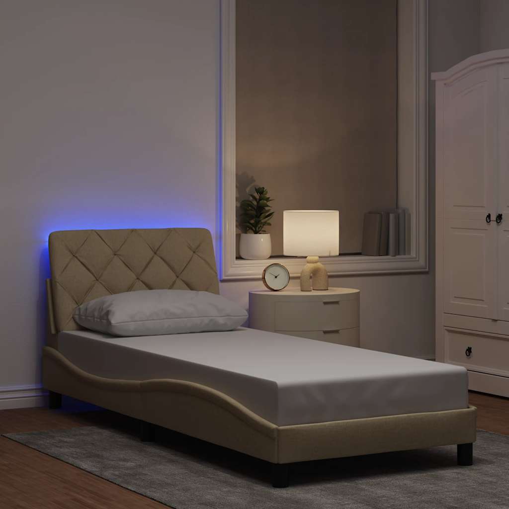Bed Frame with LED without Mattress Cream 90x190 cm Fabric
