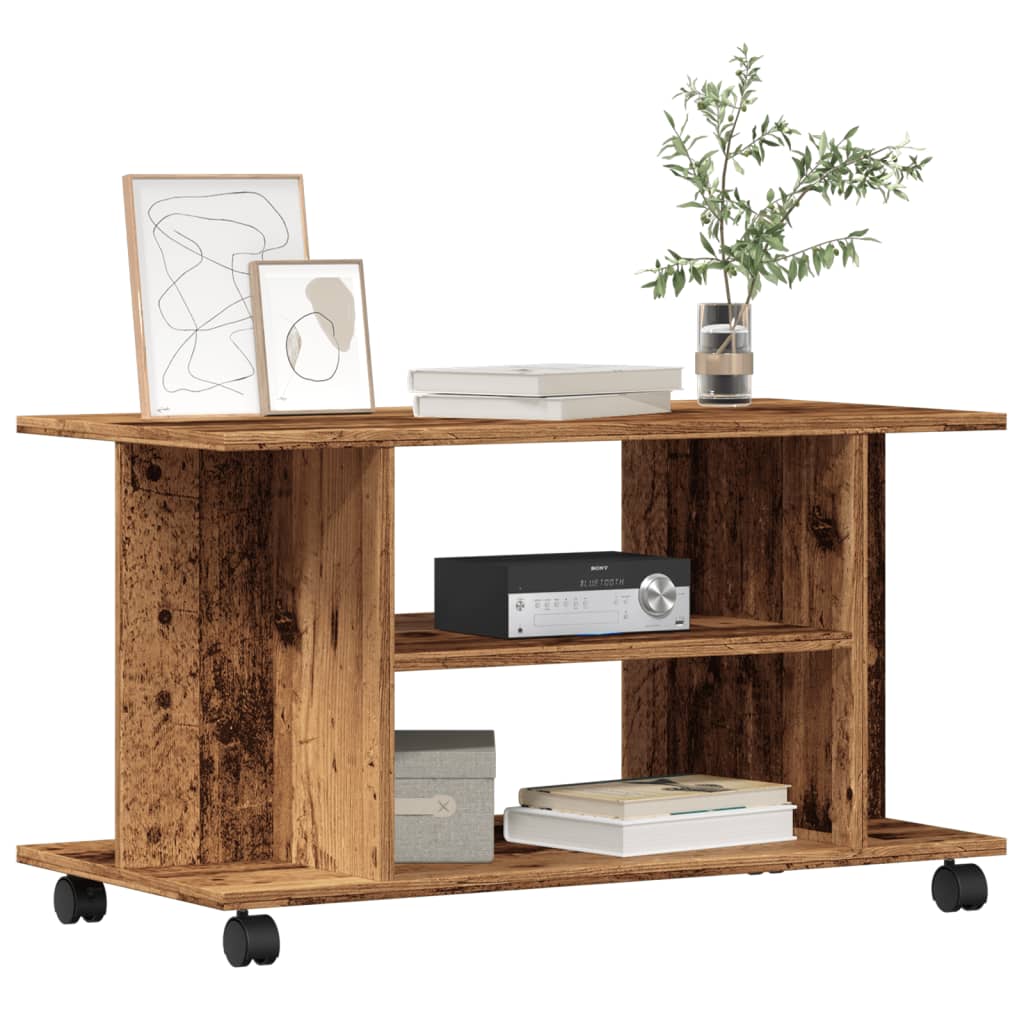 Tv-bänk med hjul åldrat trä 80x40x45 cm konstruerat trä