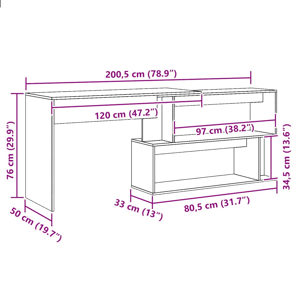 Hörnskrivbord hantverksmässig ek 200,5x50x76 cm konstruerat trä