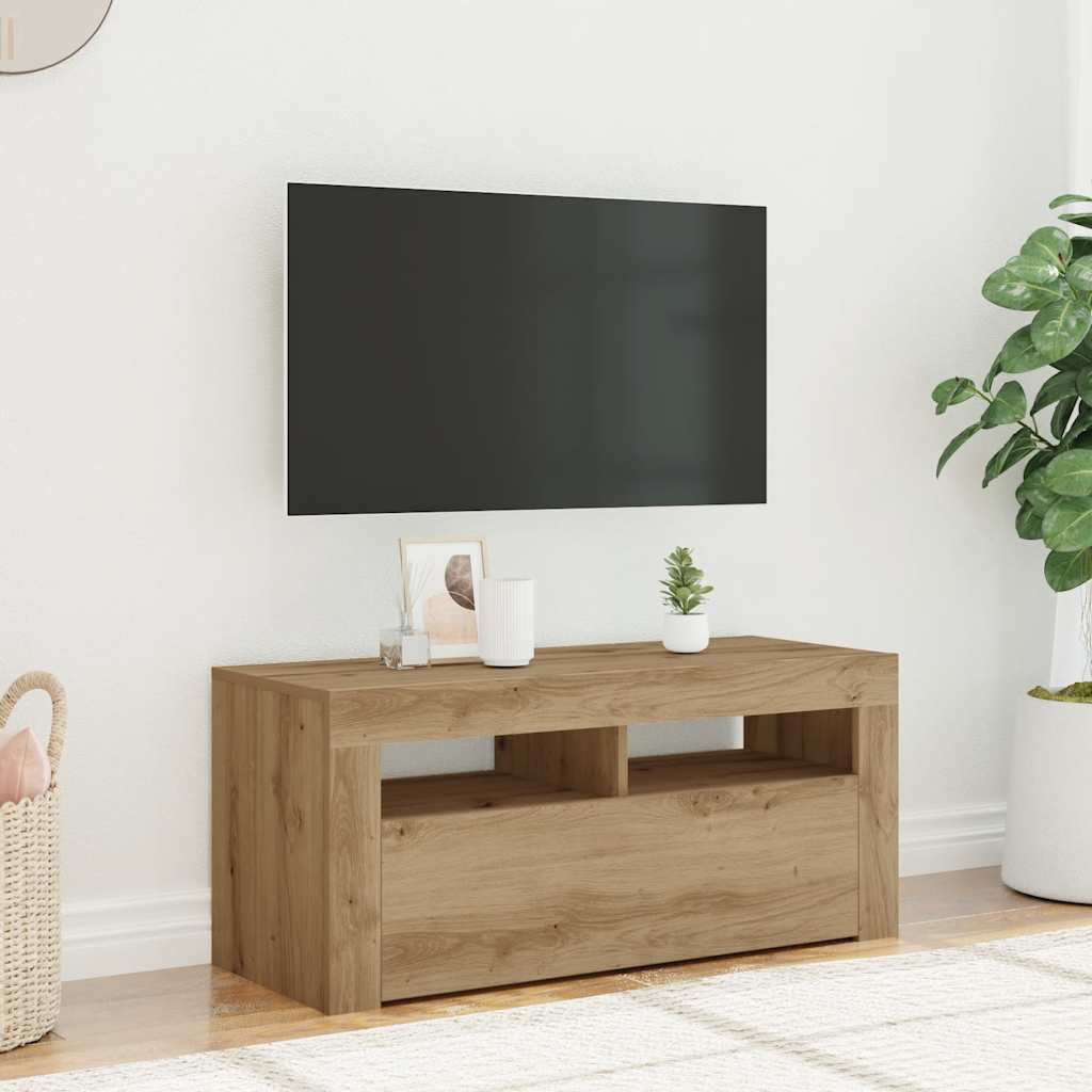 TV-bänk med LED-lampor artisan ek 90x35x40 cm konstruerat trä