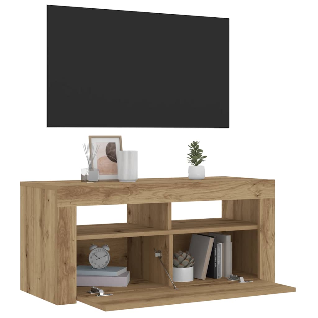 TV-bänk med LED-lampor artisan ek 90x35x40 cm konstruerat trä