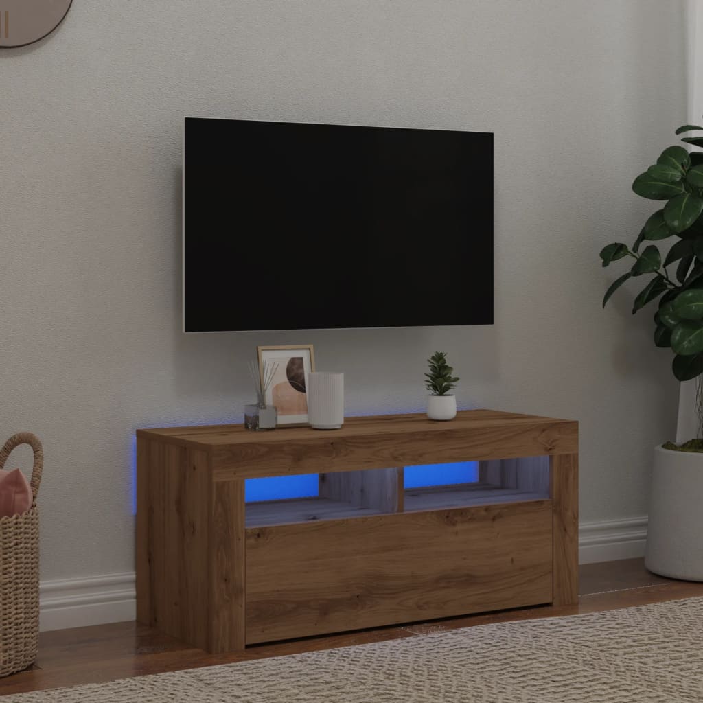 TV-bänk med LED-lampor artisan ek 90x35x40 cm konstruerat trä