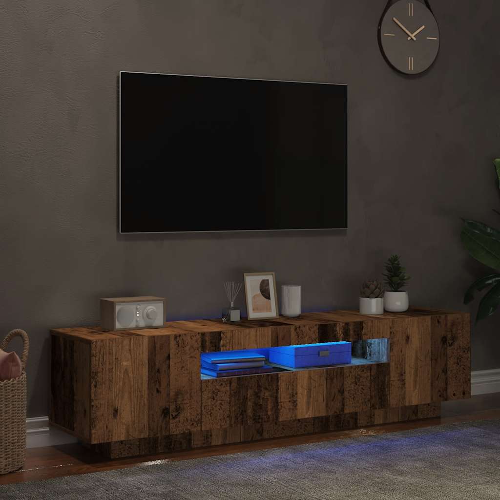 TV-bänk med LED-lampor åldrat trä 160x35x40 cm konstruerat trä