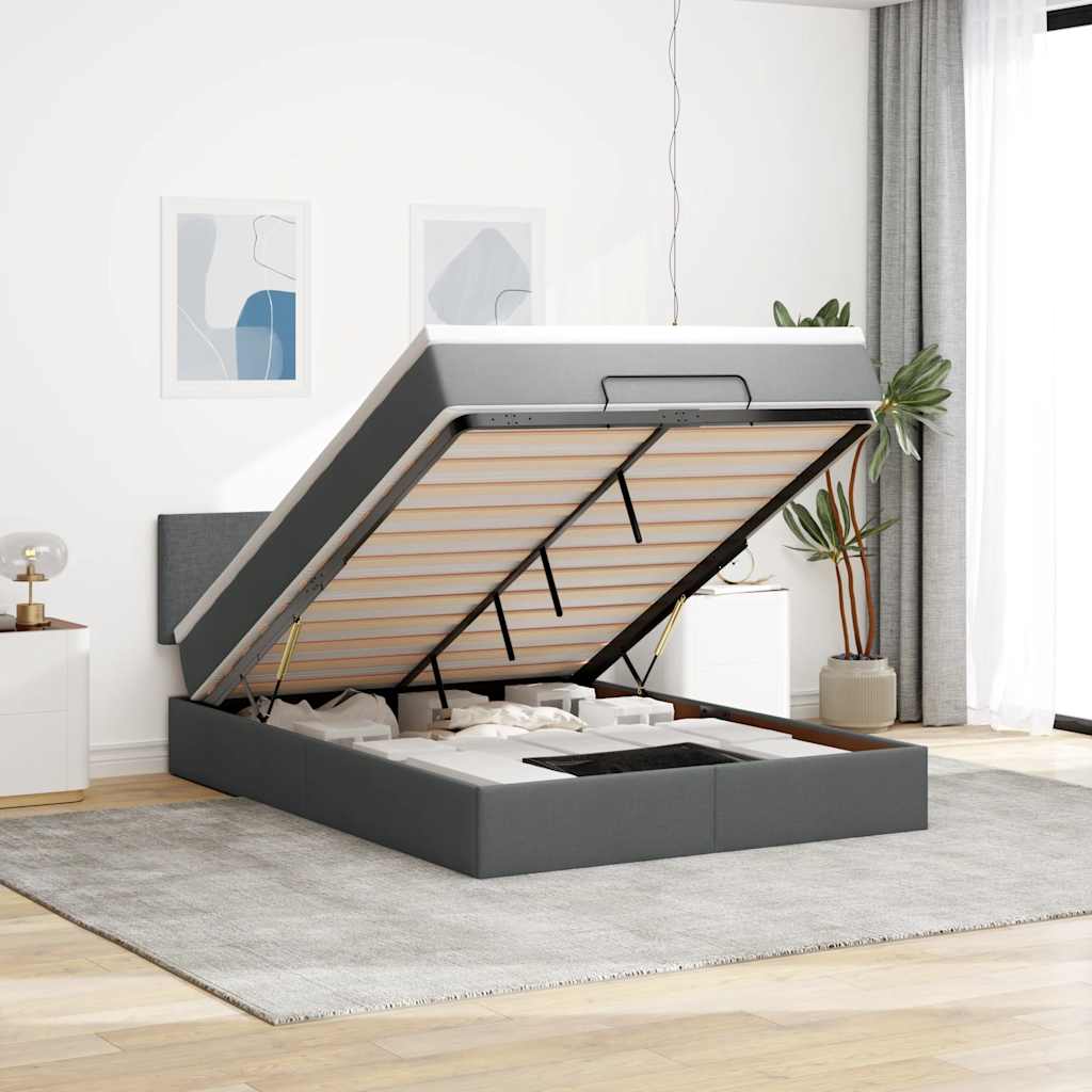 Ottoman säng med madrass och LED-lampor mörkgrå 140x190 cm tyg