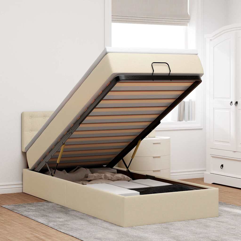 Ottomansk säng med madrass och LED-lampor gräddvit 90x200 cm