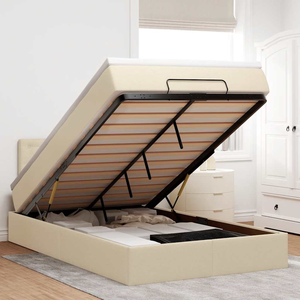 Ottomansk säng med madrass & LED-lampor gräddvit 120x190cm tyg