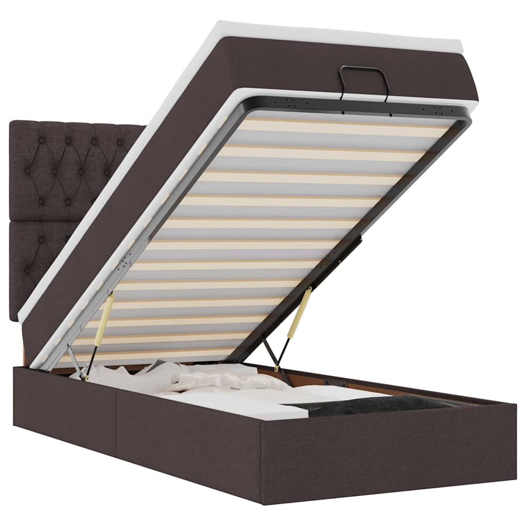 Ottomansk säng med madrass och LED-lampor mörkbrun 90x200cm tyg