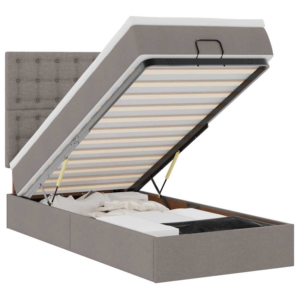 Ottomansk säng med madrass och LED-lampor taupe 90x200 cm tyg