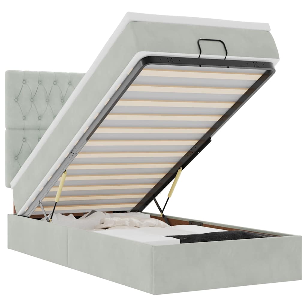 Ottoman sängram med madrasser ljusgrå 90x190 cm sammet