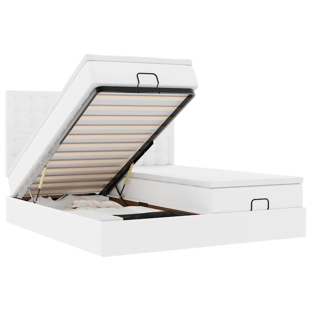 Ottomansk säng med madrasser&LEDs ren vit 160x200cm konstläder