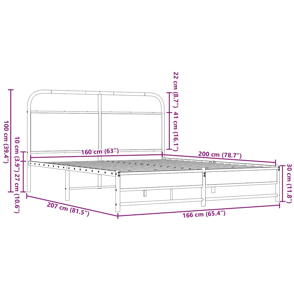 Sängram utan madrass metall brun ek 160x200 cm