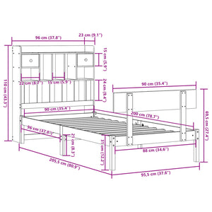 Säng med bokhylla utan madrass 90x200cm massiv furu