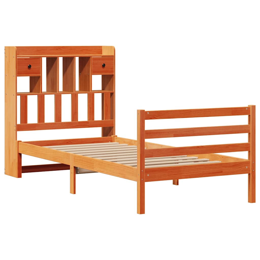 Säng med bokhylla utan madrass vaxbrun 75x190 cm massiv furu