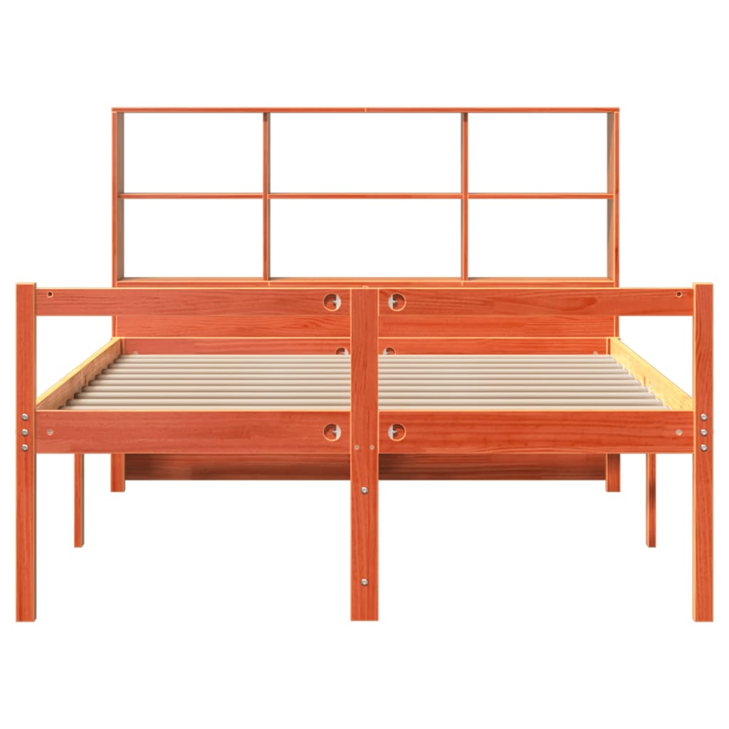 Säng med bokhylla utan madrass vaxbrun 120x200 cm massiv trä