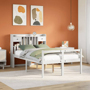 Säng med bokhylla utan madrass vit 135x190cm massiv furu