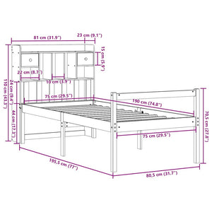 Säng med bokhylla utan madrass vaxbrun 75x190 cm massiv furu