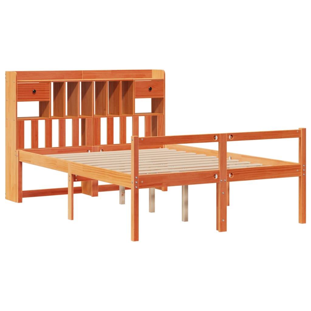 Säng med bokhylla utan madrass vaxbrun 140x190cm massiv furu