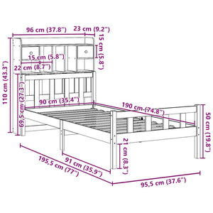 Säng med bokhylla utan madrass 90x190cm massiv furu