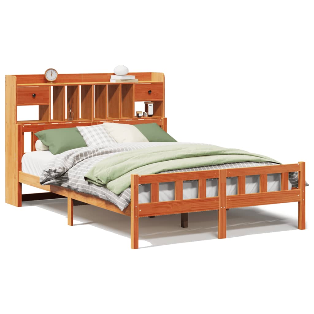 Säng med bokhylla utan madrass vaxbrun 150x200cm massiv furu