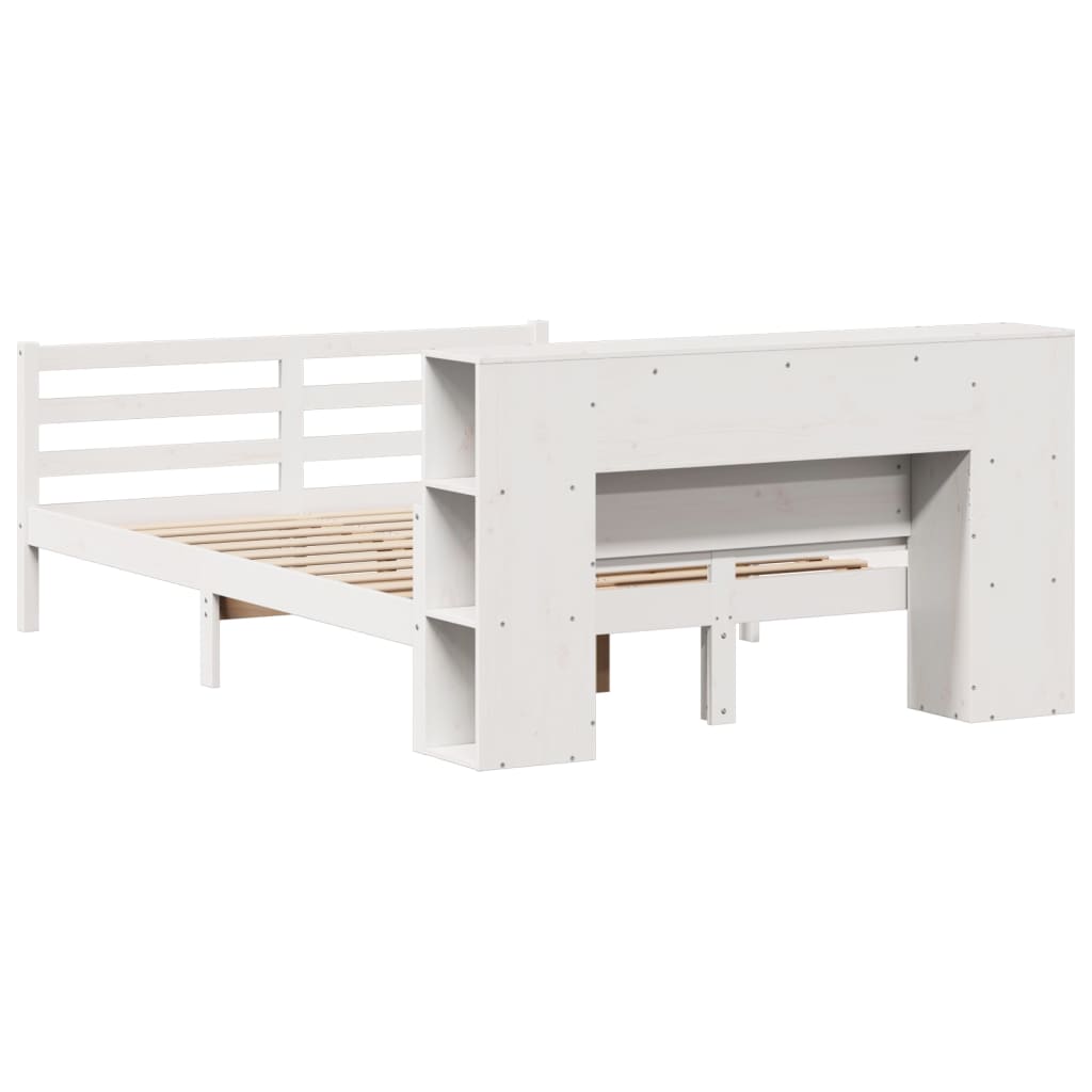 Säng med bokhylla utan madrass vit 135x190cm massiv furu