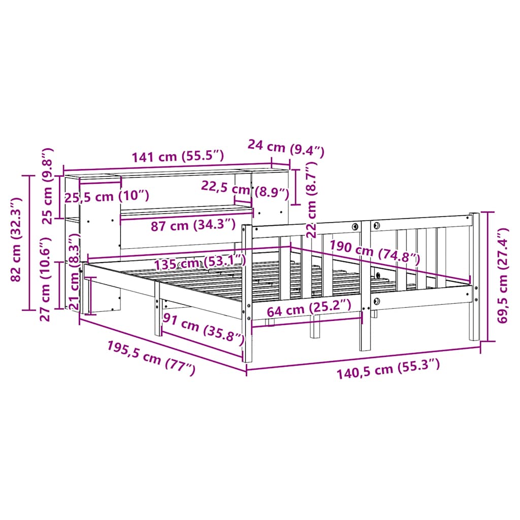 Säng med bokhylla utan madrass 135x190cm massiv furu