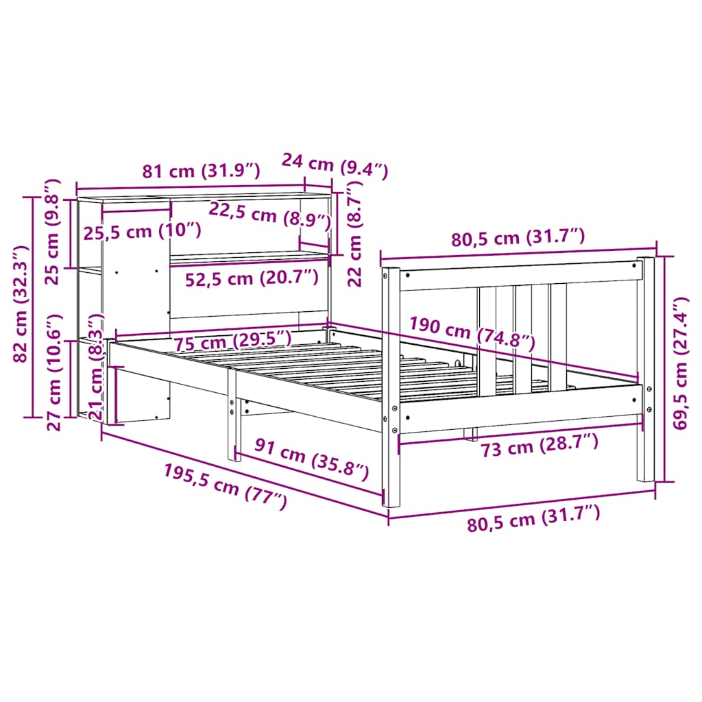 Säng med bokhylla utan madrass 75x190cm massiv furu