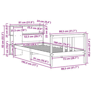 Säng med bokhylla utan madrass 75x190cm massiv furu
