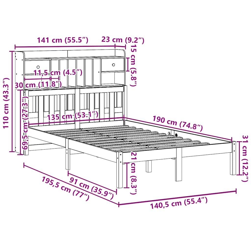 Säng med bokhylla utan madrass 135x190cm massiv furu