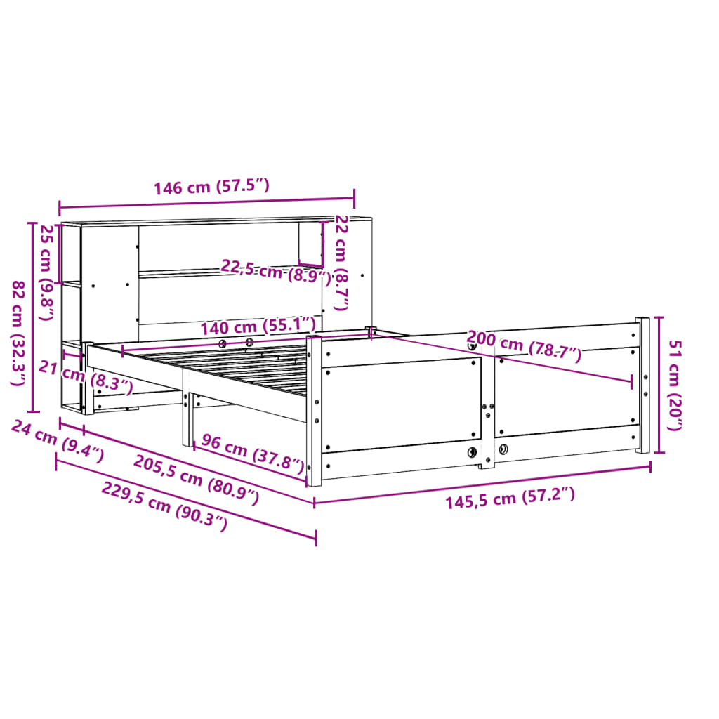 Säng med bokhylla utan madrass 140x200cm massiv furu