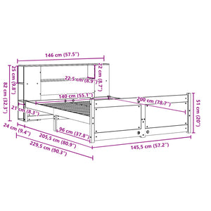 Säng med bokhylla utan madrass 140x200cm massiv furu