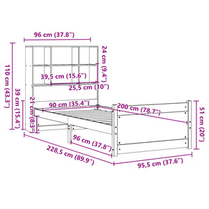 Säng med bokhylla utan madrass 90x200cm massiv furu