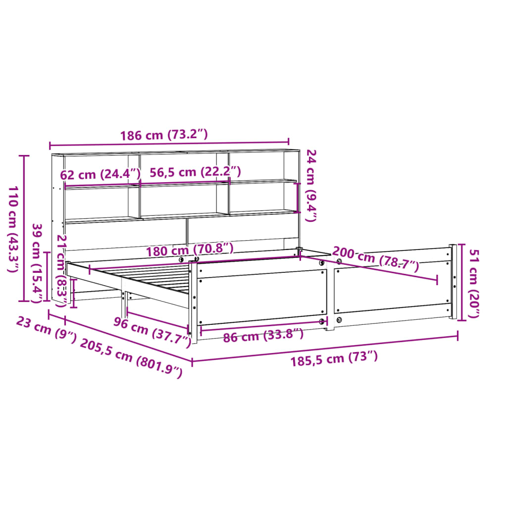 Säng med bokhylla utan madrass vit 180x200cm massiv furu