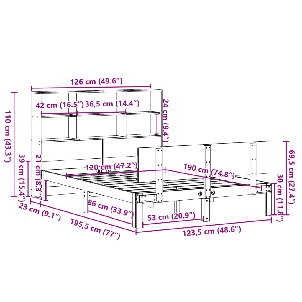Säng med bokhylla utan madrass vit 120x190 cm massiv furu