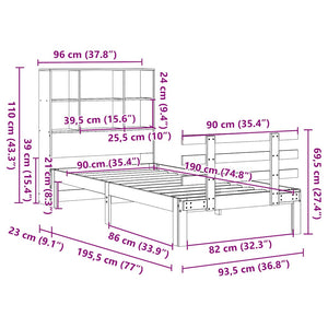 Säng med bokhylla utan madrass 90x190cm massiv furu