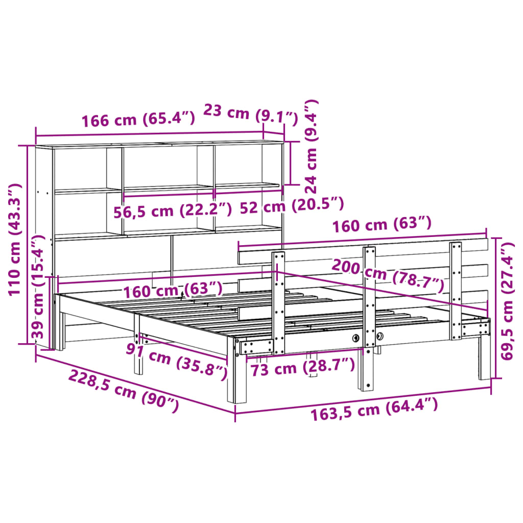 Säng med bokhylla utan madrass vit 160x200cm massiv furu