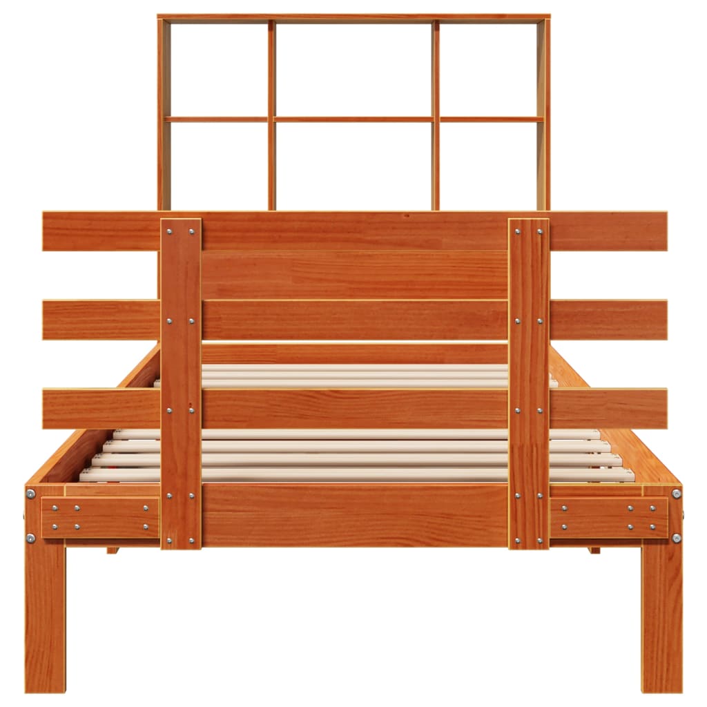 Säng med bokhylla utan madrass vaxbrun 75x190 cm massiv furu