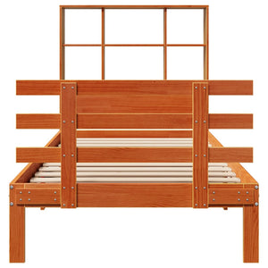 Säng med bokhylla utan madrass vaxbrun 75x190 cm massiv furu