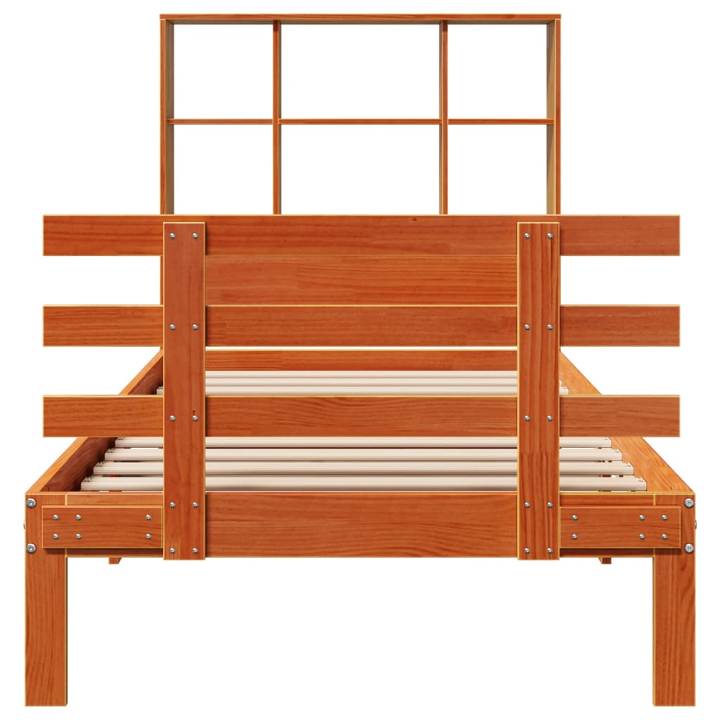 Säng med bokhylla utan madrass vaxbrun 100x200 cm massiv furu