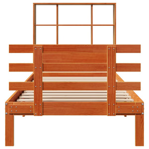 Säng med bokhylla utan madrass vaxbrun 100x200 cm massiv furu