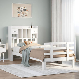Säng med bokhylla utan madrass vit 90x190cm massiv furu