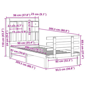 Säng med bokhylla utan madrass vit 90x200cm massiv furu