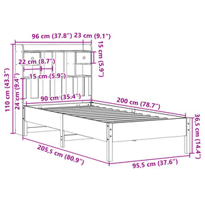 Säng med bokhylla utan madrass vit 90x200cm massiv furu