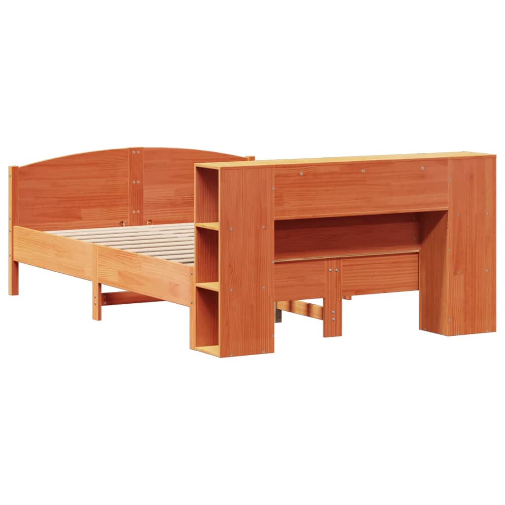 Säng med bokhylla utan madrass vaxbrun 150x200cm massiv furu
