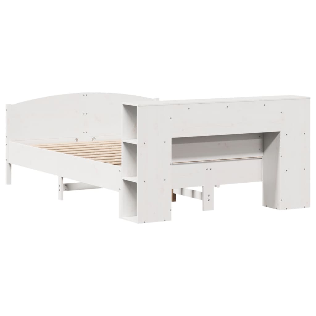 Säng med bokhylla utan madrass vit 120x200 cm massiv furu