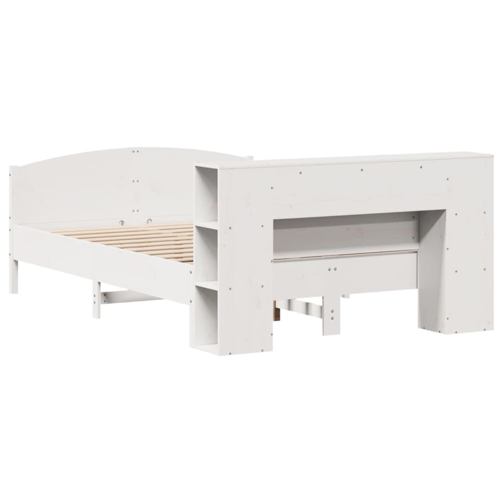 Säng med bokhylla utan madrass vit 140x190cm massiv furu