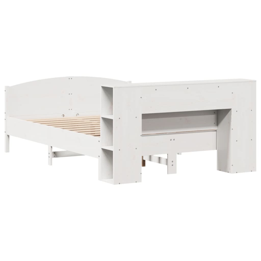 Säng med bokhylla utan madrass vit 135x190cm massiv furu