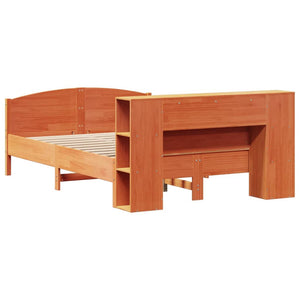 Säng med bokhylla utan madrass vaxbrun 135x190cm massiv furu